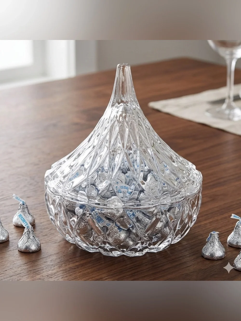 Shannon Elegant Crystal Glass Candy Dish in the shape of a Hershey kiss